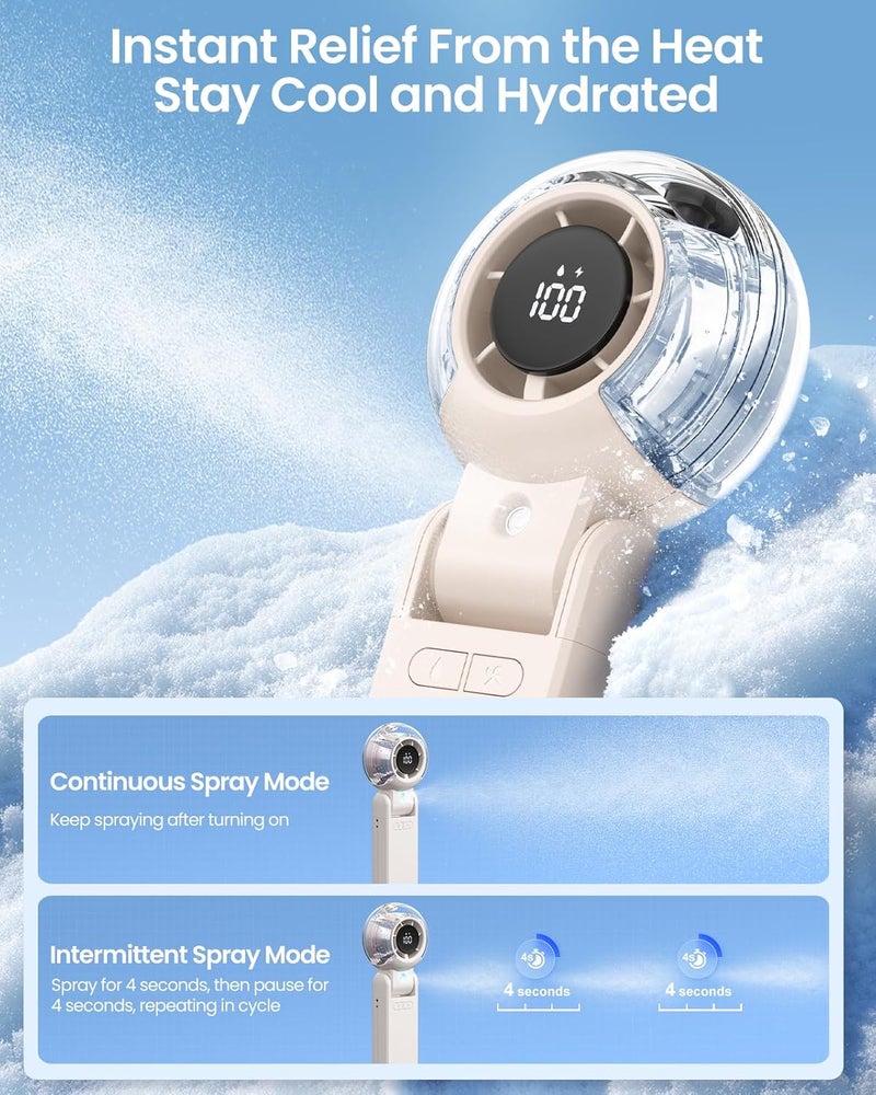 TriPole Misting Fan Portable Turbo Hand Held Fan with Water Mist, LED Display, 4000mAh Recahrgeable Battery, Neck & Desk Use, Personal Mini Handheld Mister Spray Bottle Fans for Outdoor Camping, Beige - Image 3